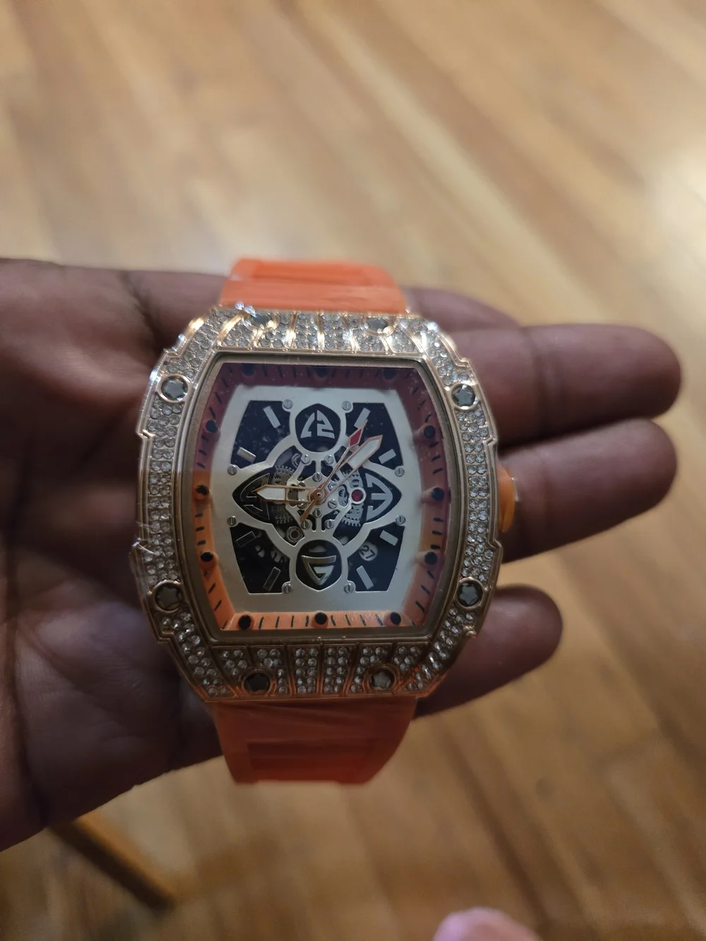 Orange Silicone Strap Skeleton Watch with Crystal Bezel